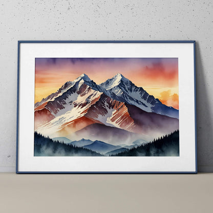 Watercolor poster of layered mountain peaks at sunset with warm orange and purple sky wall art.
