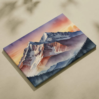 Watercolor mountain landscape canvas wall art with vibrant sunset sky and misty forest below.