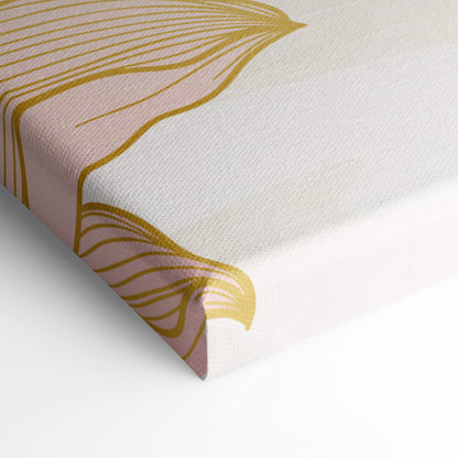 Crane lotus mountain canvas wall art with abstract fan-shaped leaves in soft pink and metallic gold for elegant decor