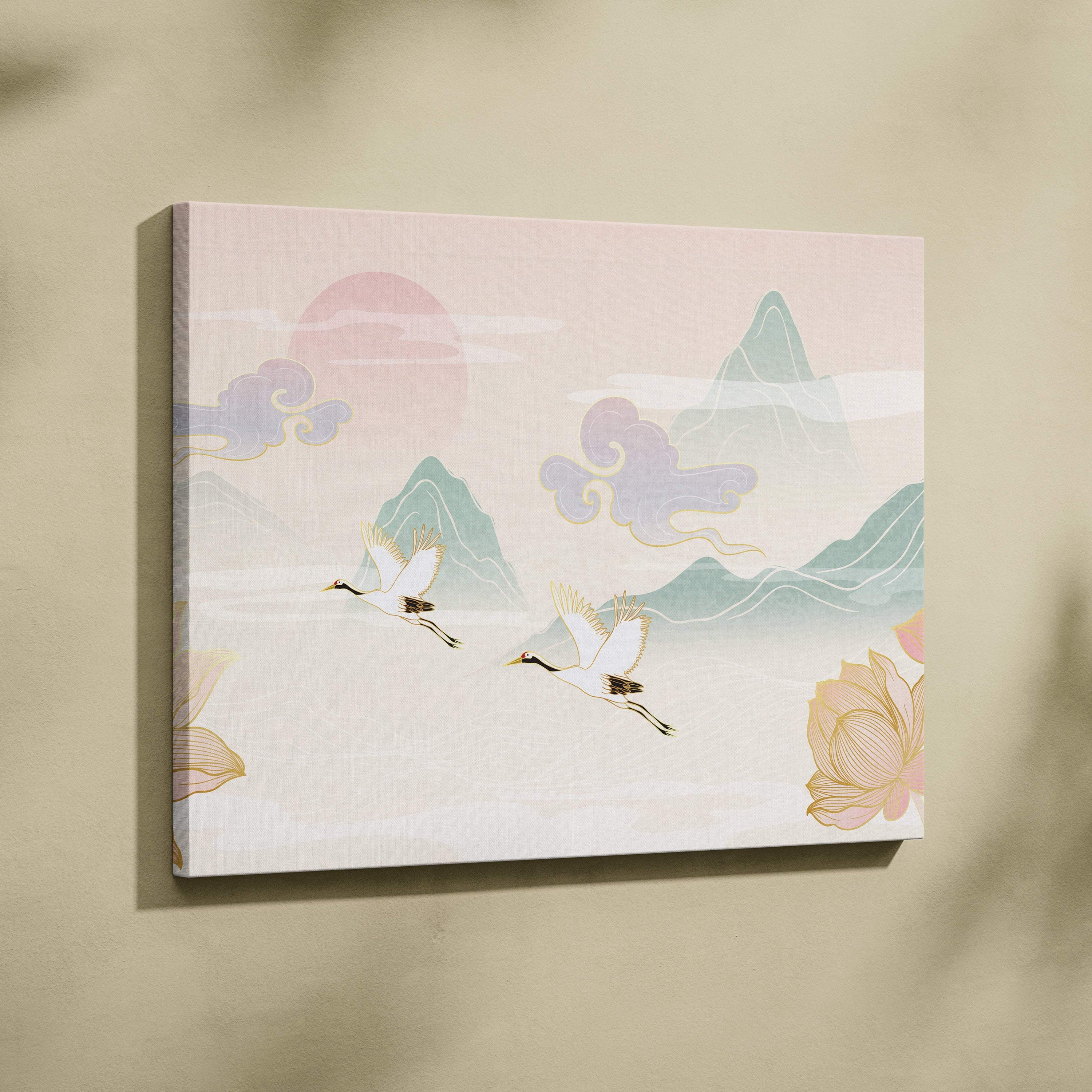 Crane lotus mountain canvas wall art with soft pastel white cranes gold lotus and misty green mountains décor