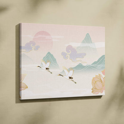 Crane lotus mountain canvas wall art with soft pastel white cranes gold lotus and misty green mountains décor