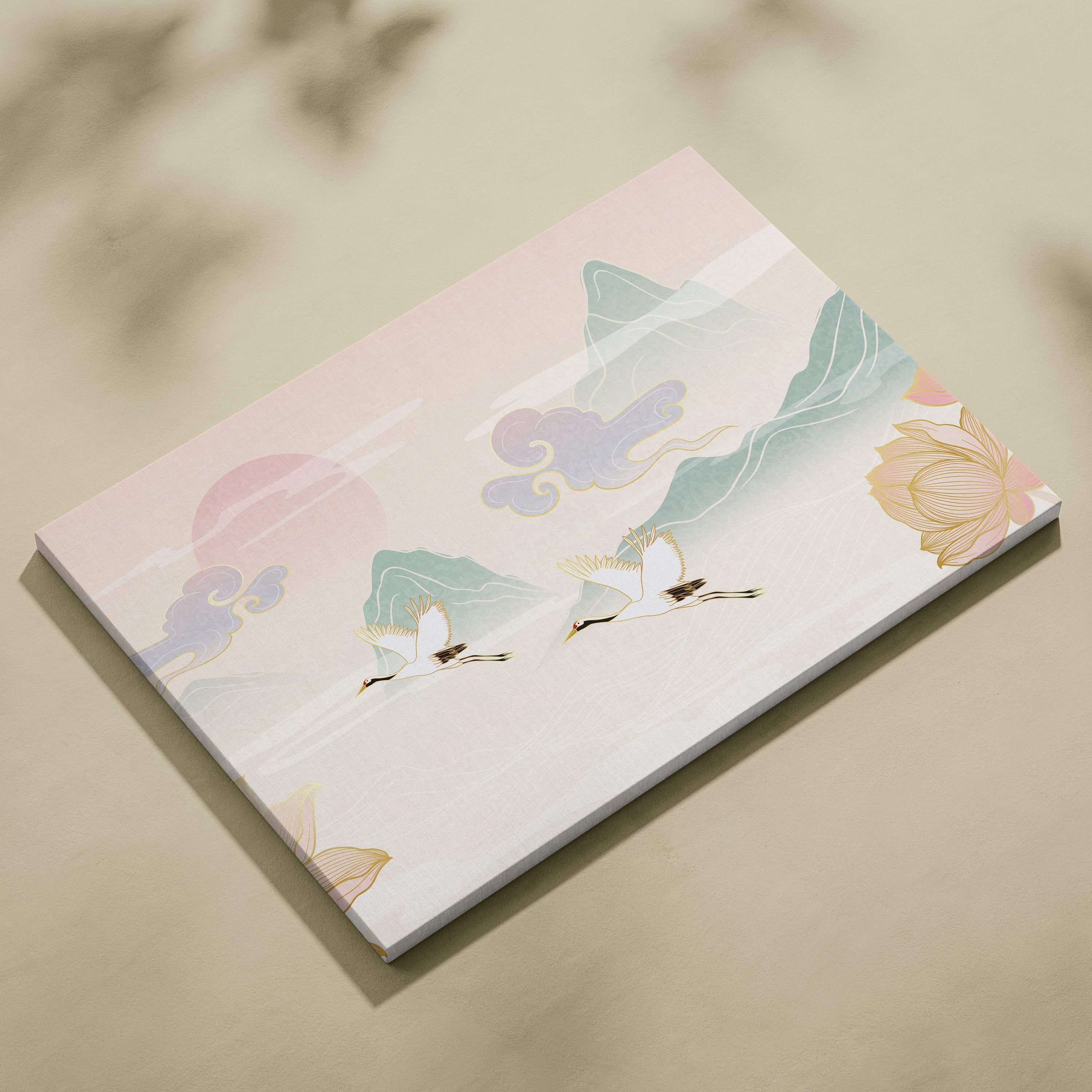 Crane lotus mountain canvas wall art with white cranes gold accents and peach lotus blossoms on soft pastel background