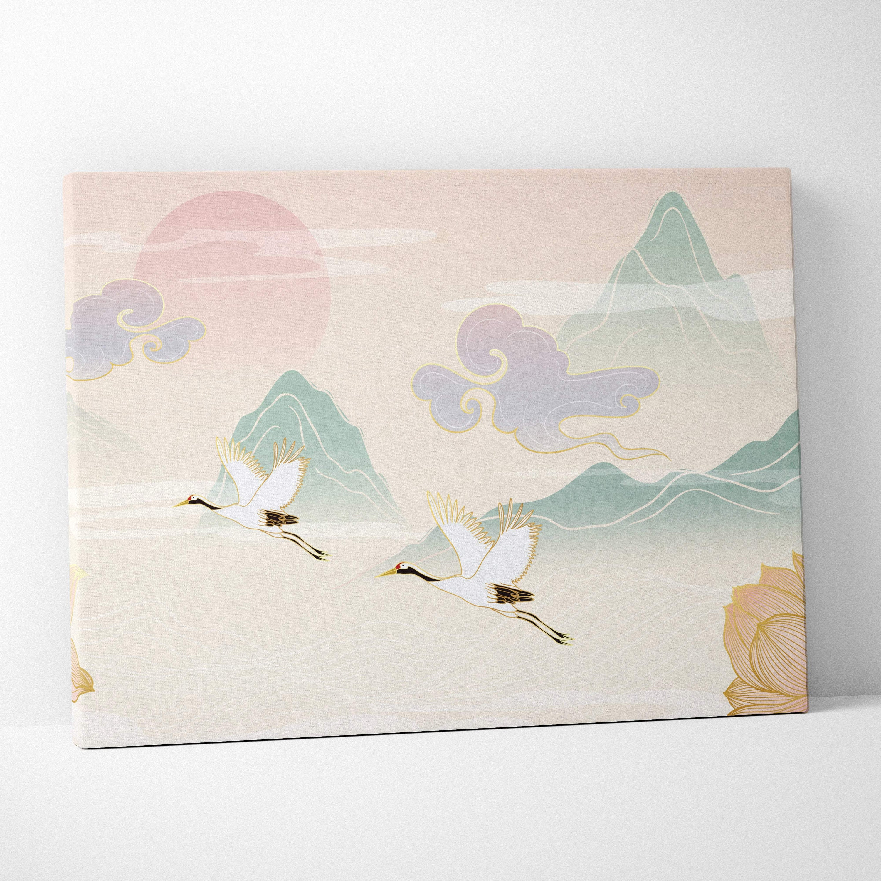 Rectangular crane lotus mountain canvas wall art with two white cranes flying over pastel mountains and pink sun background