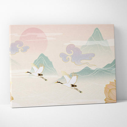 Rectangular crane lotus mountain canvas wall art with two white cranes flying over pastel mountains and pink sun background