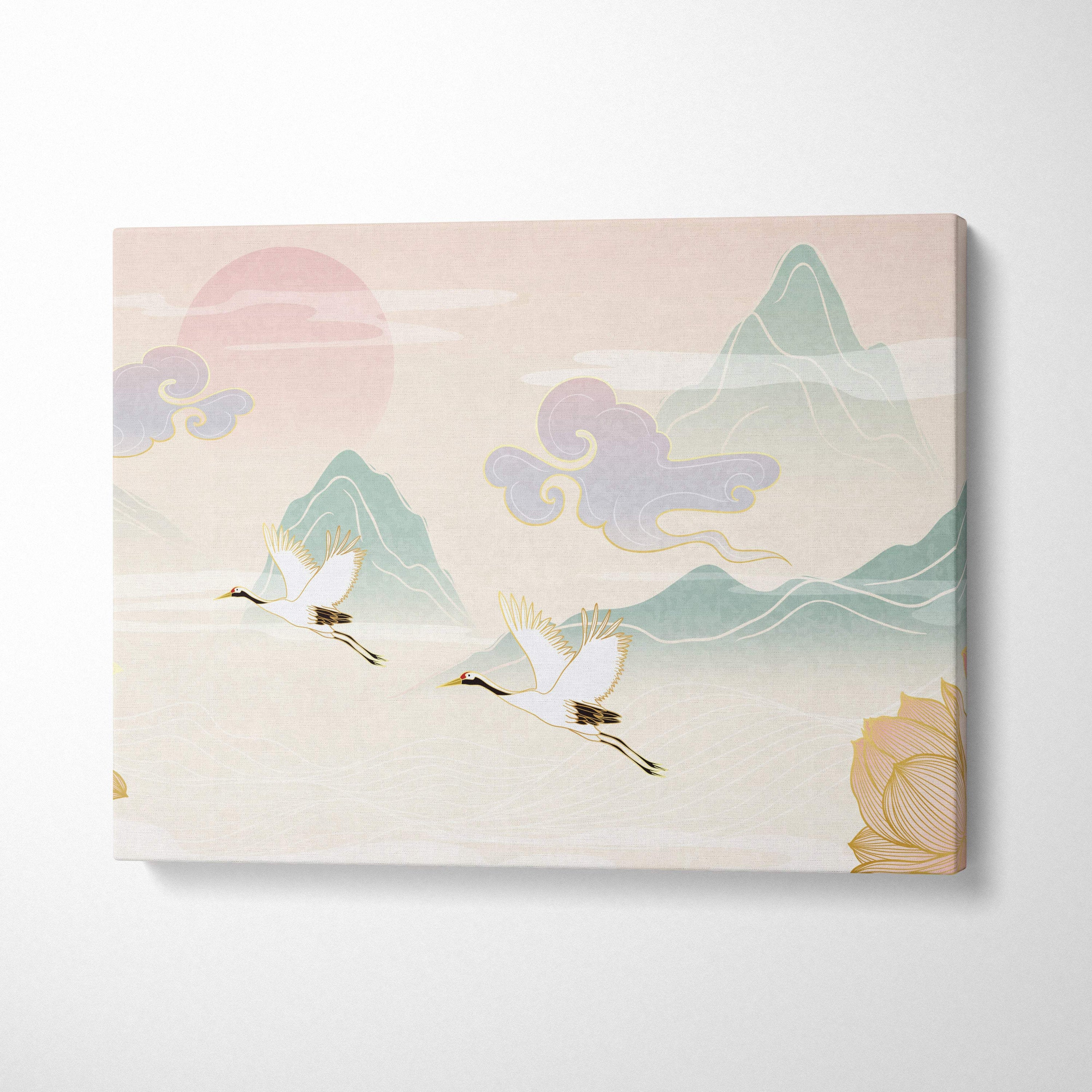 Crane lotus mountain canvas wall art with soft pastel white cranes green mountains and gold lotus blossoms decor