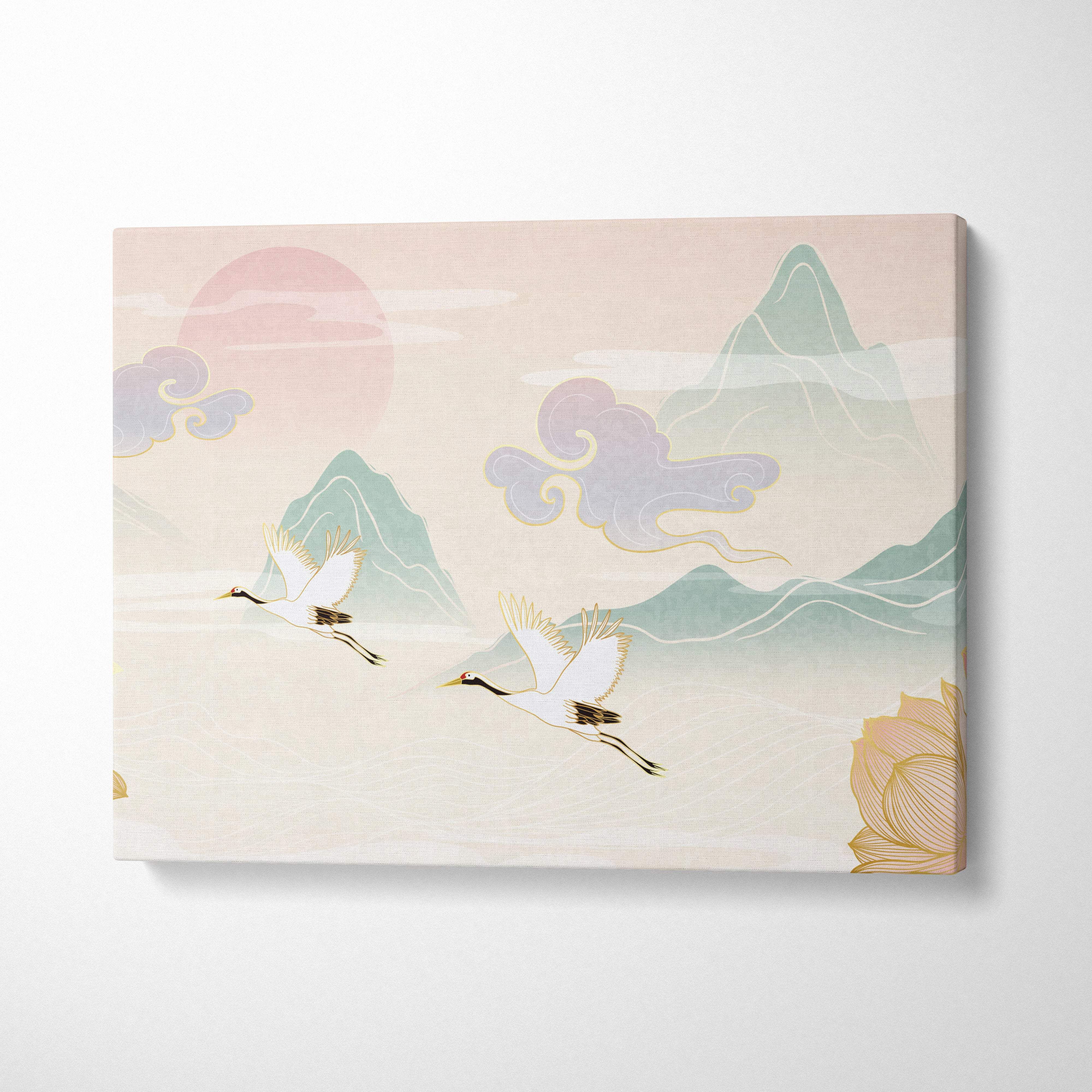 Crane lotus mountain canvas wall art with soft pastel white cranes green mountains and gold lotus blossoms decor