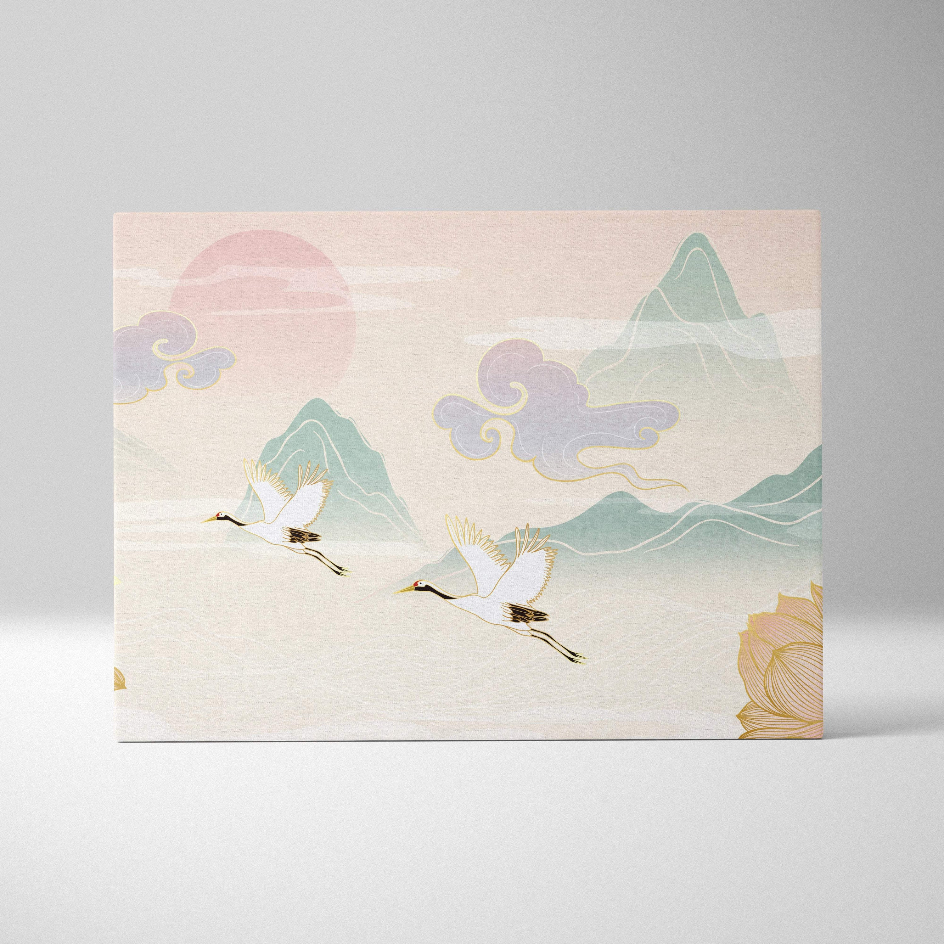 Rectangular canvas wall art featuring soft pastel illustration of two white cranes flying over misty green mountains with gold accents