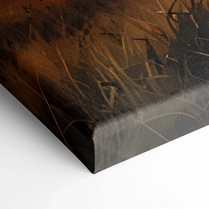 Close-up of textured canvas wall art featuring vivid watercolor sunset in warm brown and gold tones.
