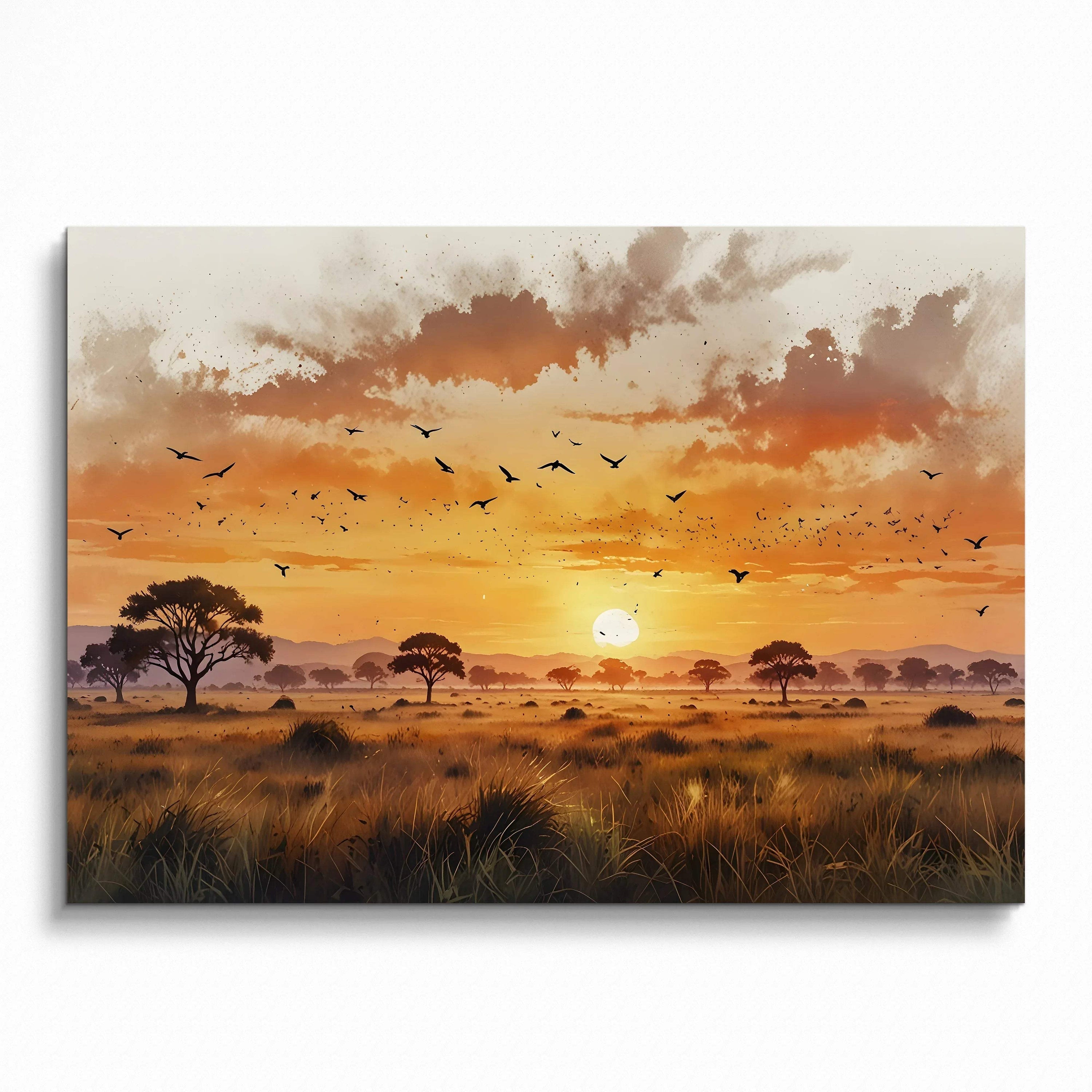 Watercolor sunset nature art poster with silhouetted trees and birds over grassy landscape wall art.