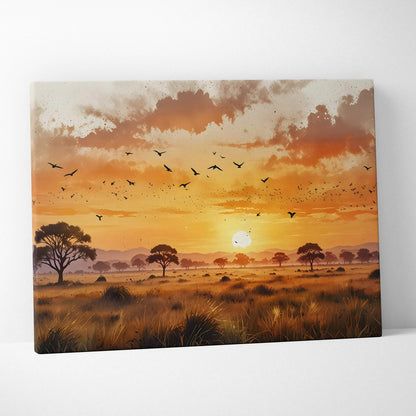 Watercolor sunset canvas wall art with birds flying over silhouetted trees at dusk.