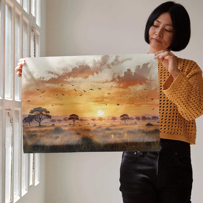 Vibrant watercolor sunset nature poster with silhouetted trees and flying birds as wall art.
