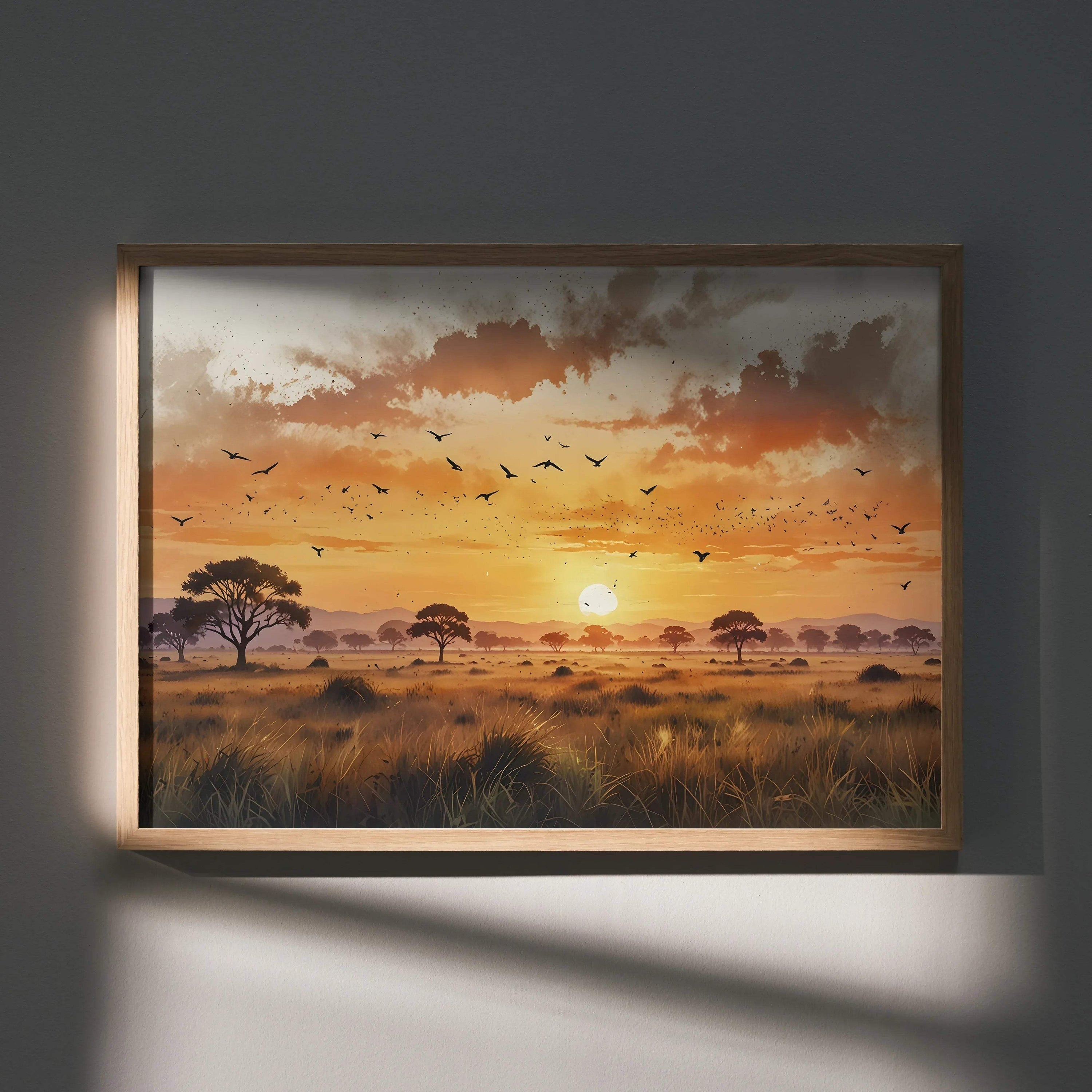 Sunset nature art poster with watercolor sky, silhouetted trees, and birds over grassland wall art.