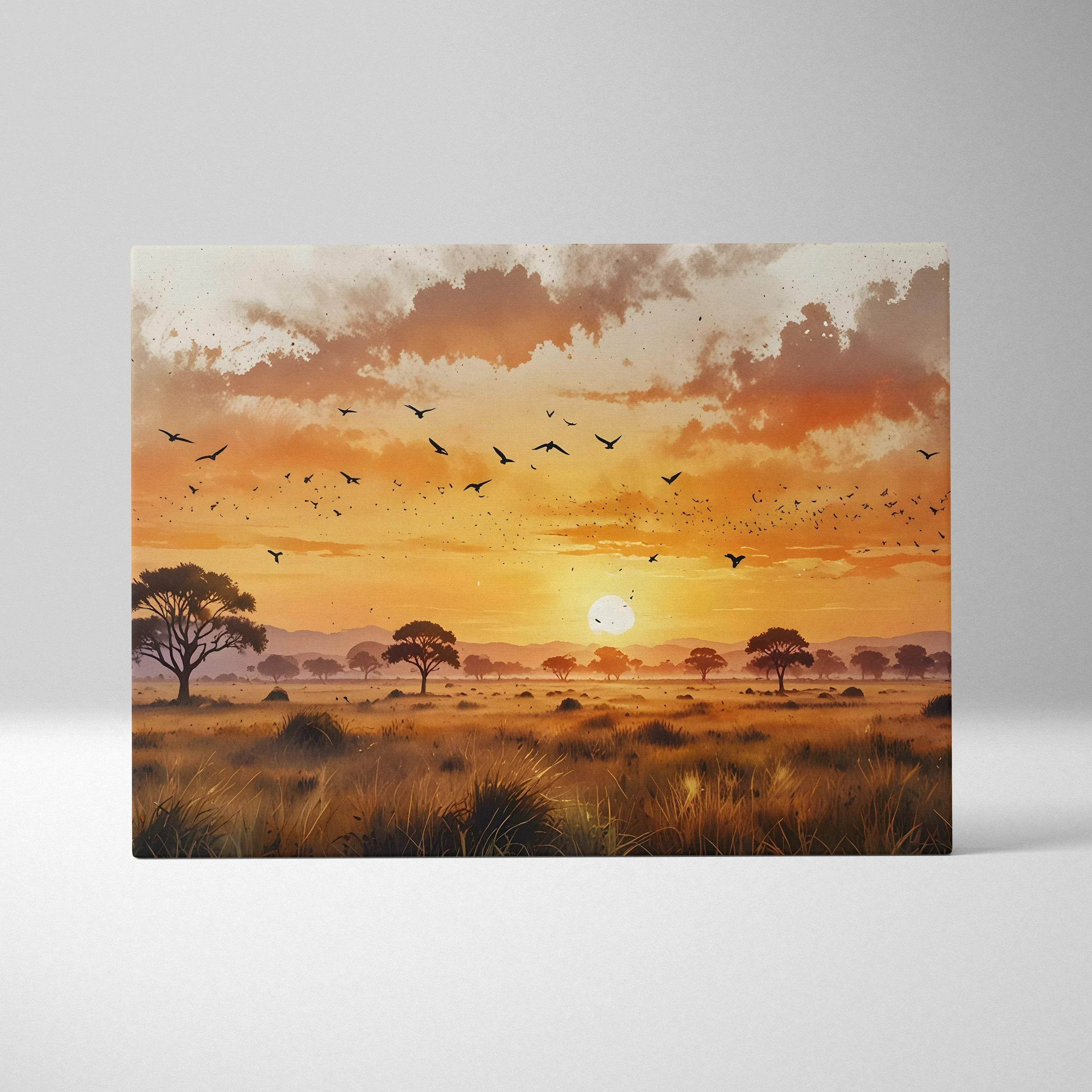 Sunset watercolor canvas wall art with orange sky, flying birds, and silhouetted trees.