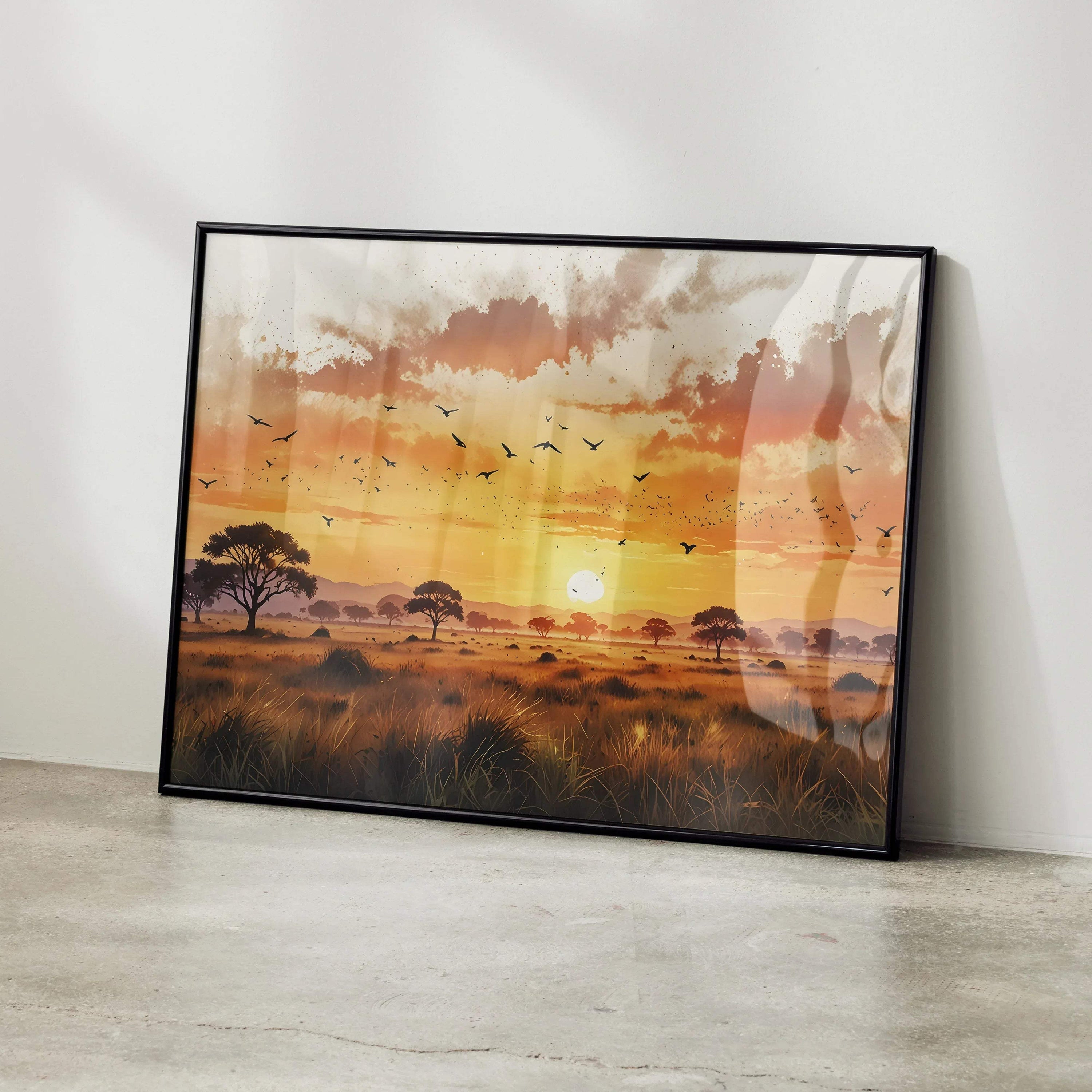 Vibrant watercolor sunset nature poster with birds, trees, and warm sky wall art.