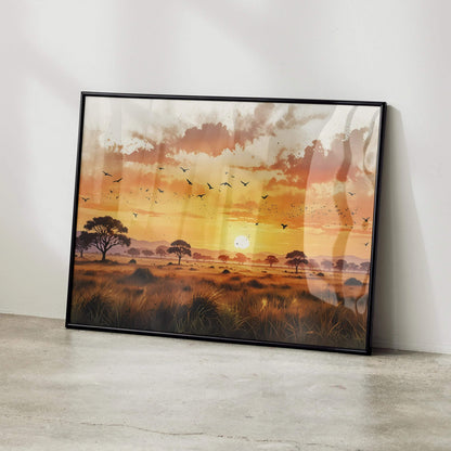 Vibrant watercolor sunset nature poster with birds, trees, and warm sky wall art.