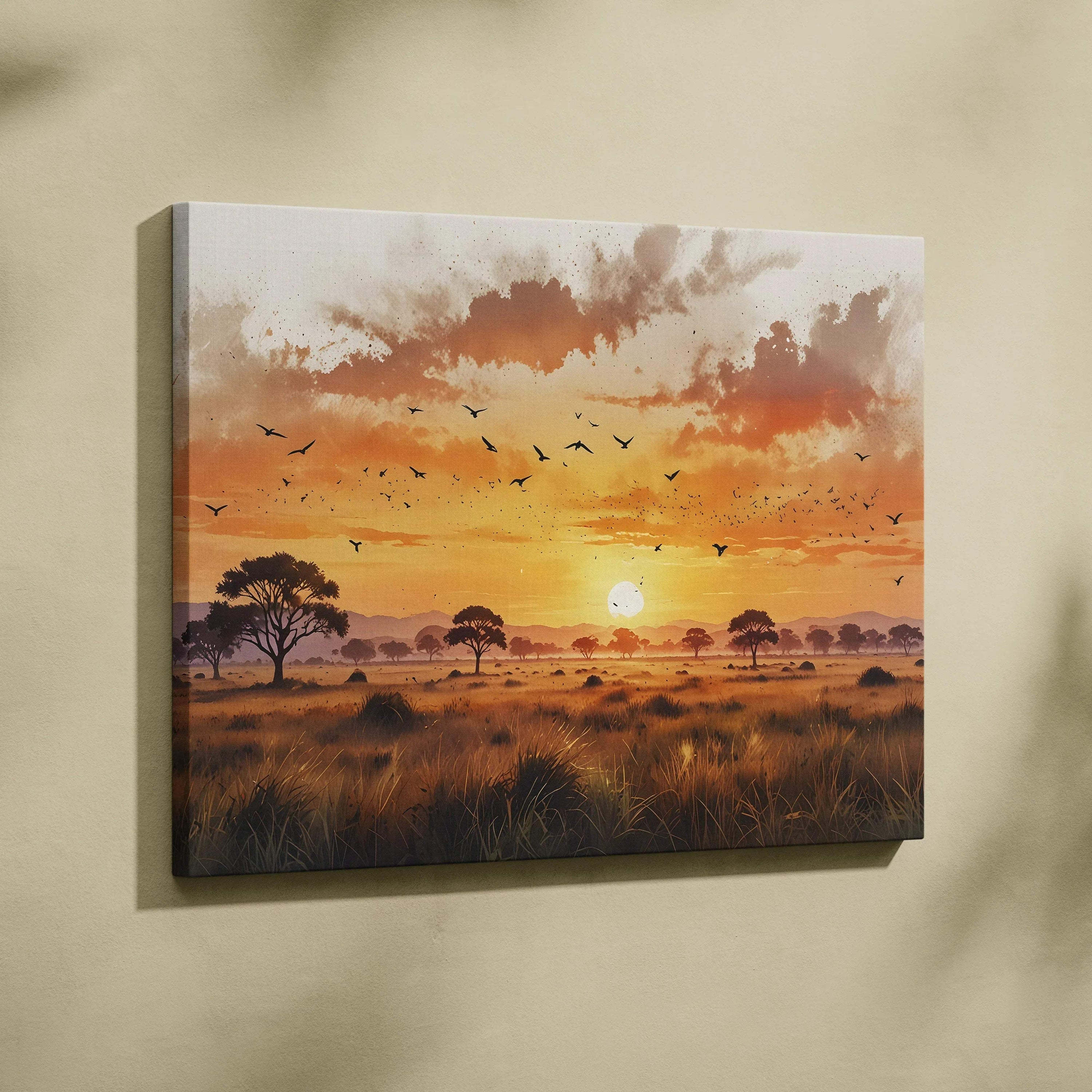 Vivid watercolor sunset landscape on canvas wall art with silhouetted trees and birds in warm orange tones.