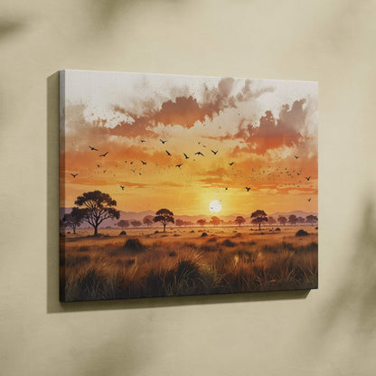 Vivid watercolor sunset landscape on canvas wall art with silhouetted trees and birds in warm orange tones.