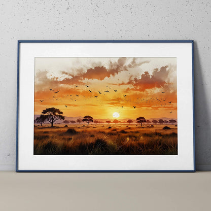 Watercolor art poster of vibrant orange sunset over grassy plains with silhouetted trees and birds flying, wall art.
