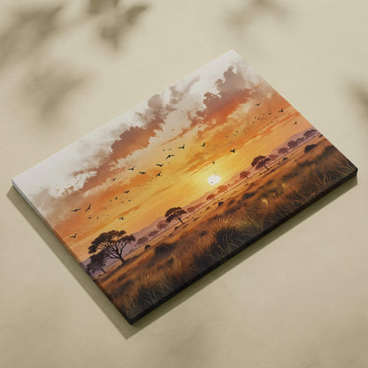 Vivid watercolor sunset canvas wall art with silhouetted trees and birds over grassland.