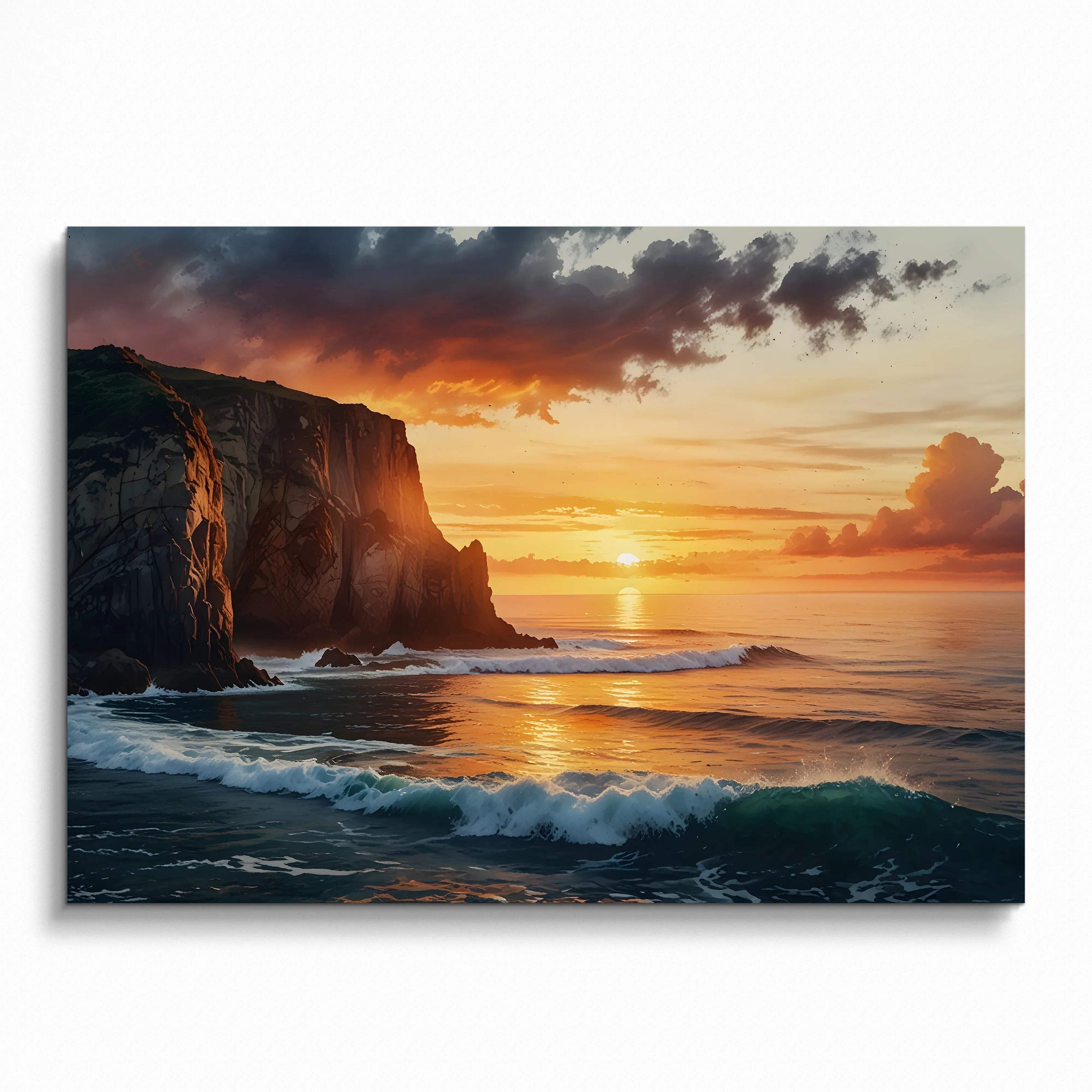 Watercolor poster of vibrant sunset over ocean beach with rocky cliffs and waves, wall art.