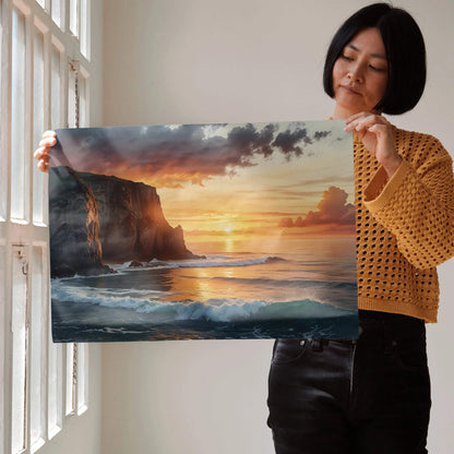 Watercolor poster of vibrant sunset over ocean and rocky cliffs, colorful wall art.