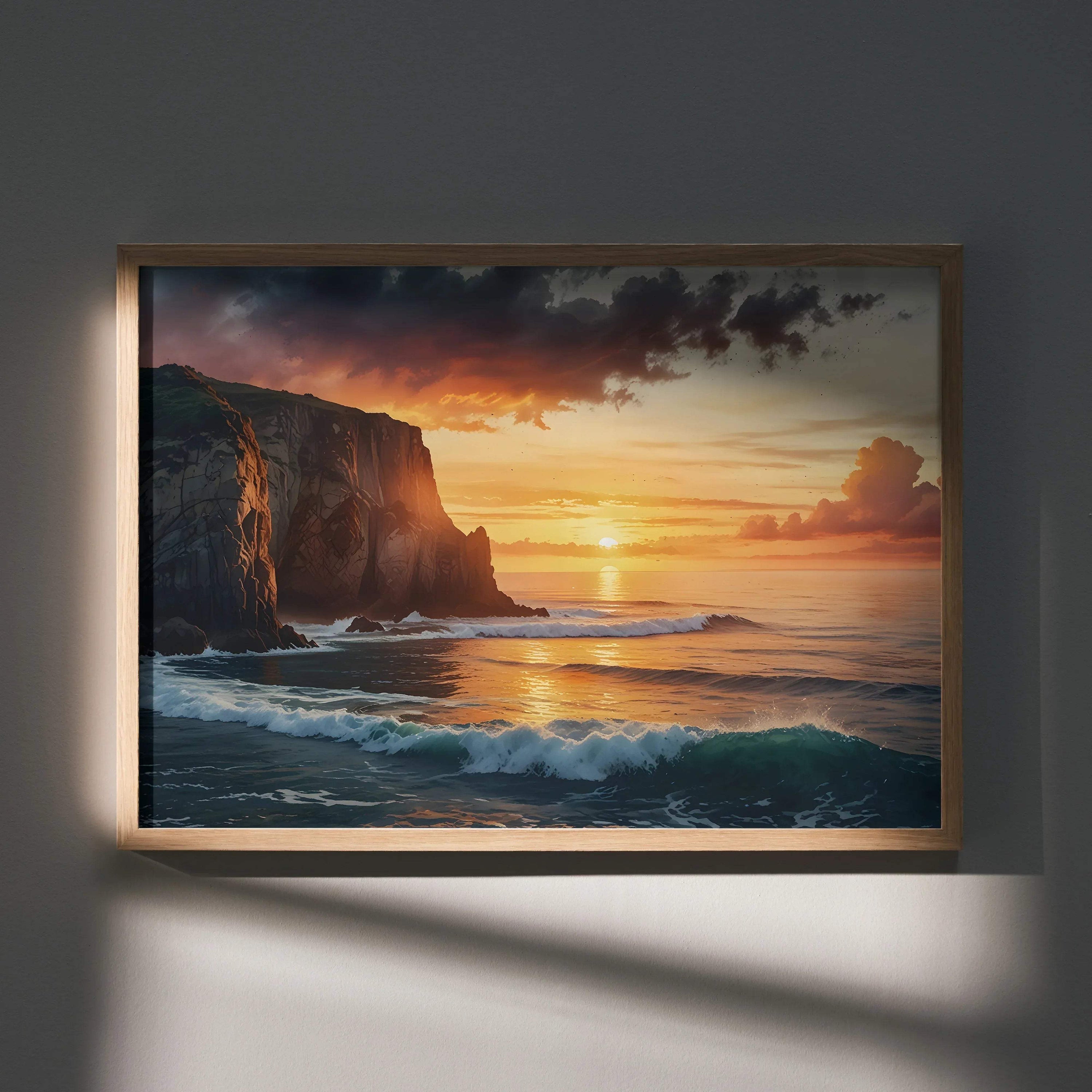 Watercolor poster of vibrant sunset over ocean waves with rocky cliffs, detailed wall art.