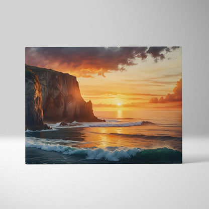 Vibrant sunset ocean beach scene on canvas wall art with cliffs and waves in watercolor style.