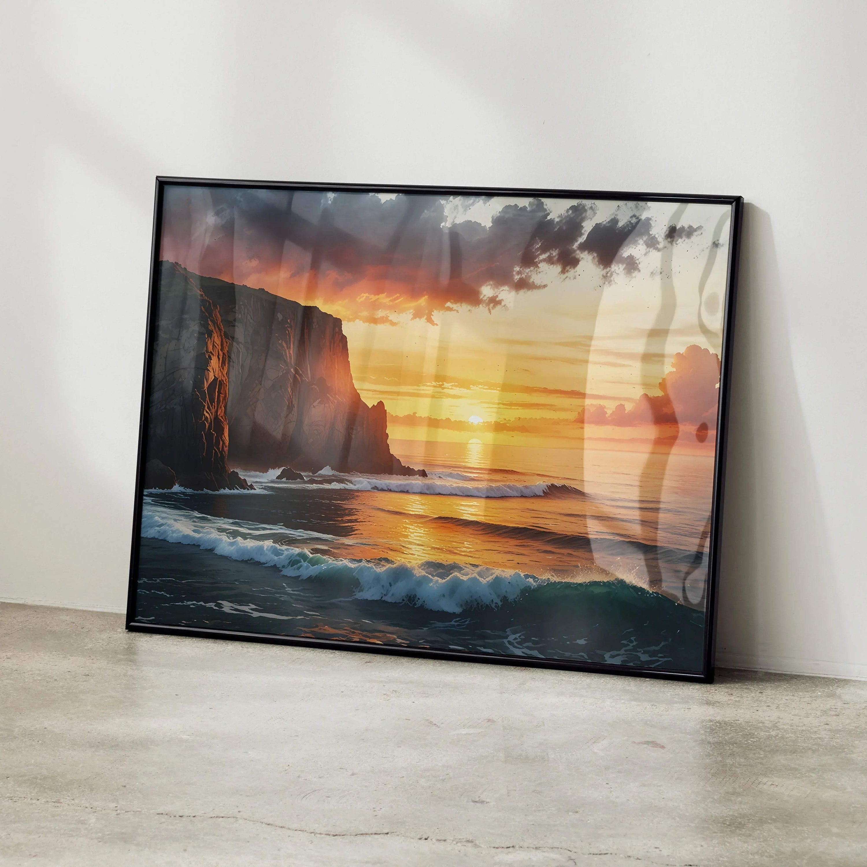 Watercolor poster of a vibrant sunset over ocean waves and rocky cliffs wall art.