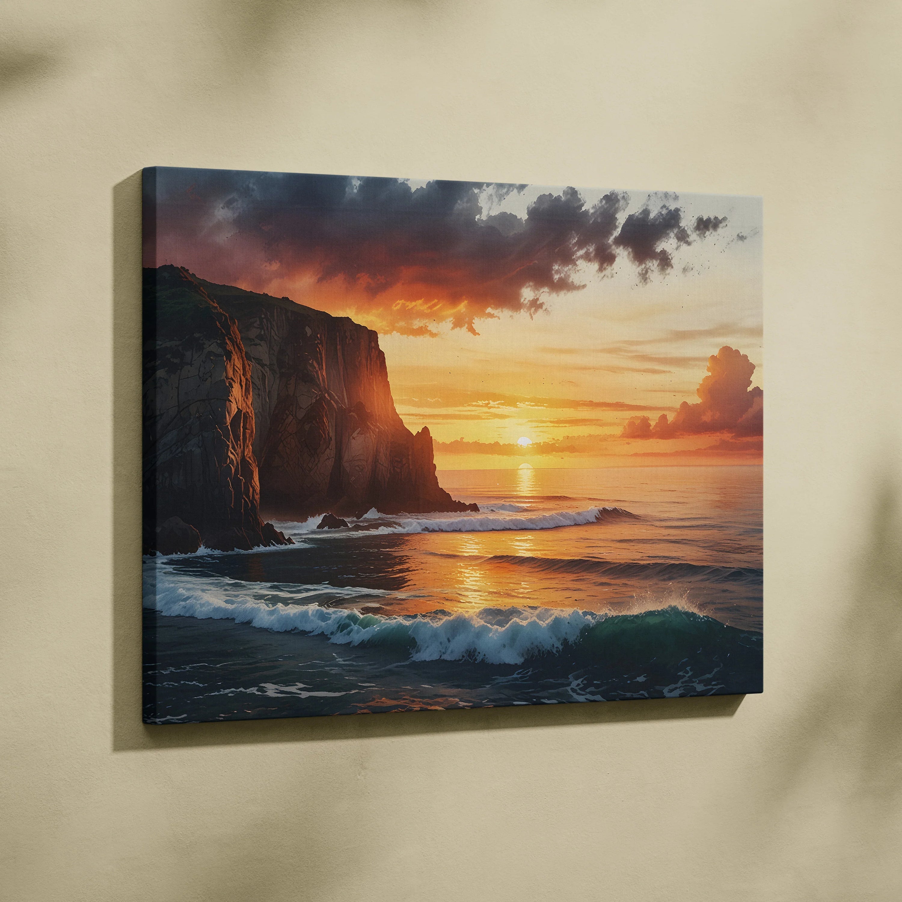 Canvas wall art featuring a vibrant ocean sunset with waves and rocky cliffs in watercolor style.