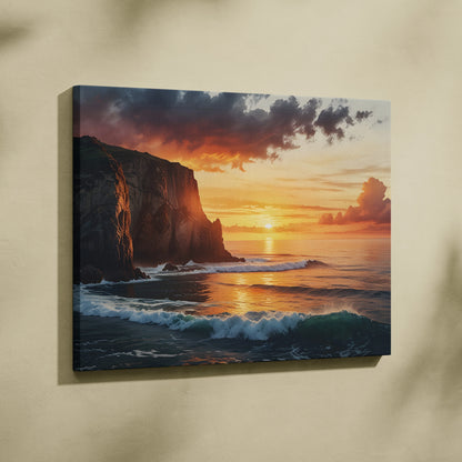 Canvas wall art featuring a vibrant ocean sunset with waves and rocky cliffs in watercolor style.