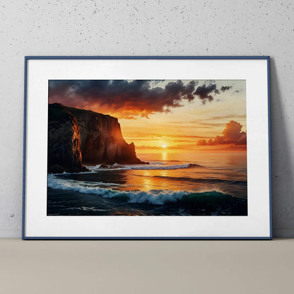 Watercolor sunset poster with vibrant orange sky, ocean waves, and dark cliffs wall art.