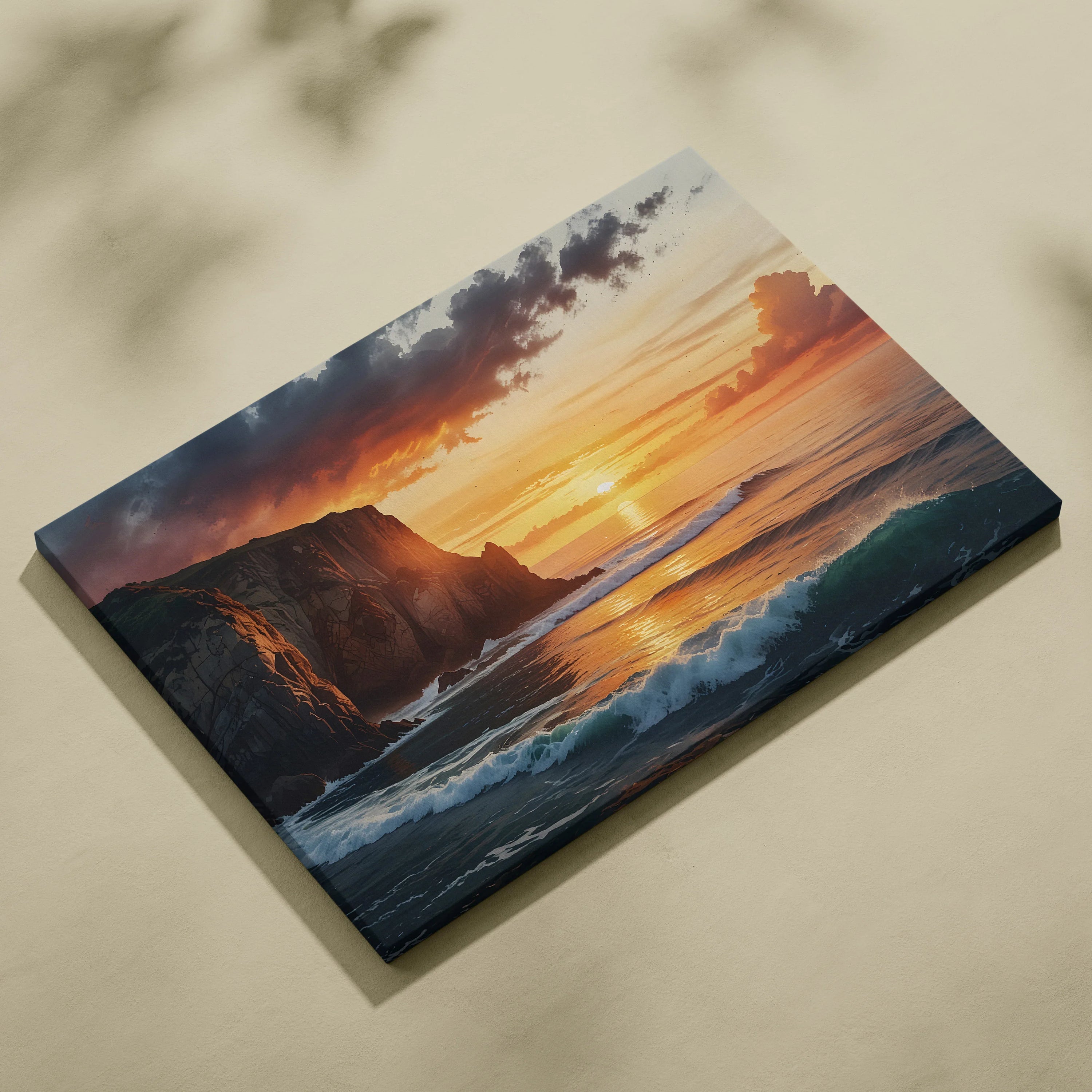 Sunset over ocean waves and rocky cliffs on vibrant canvas wall art.