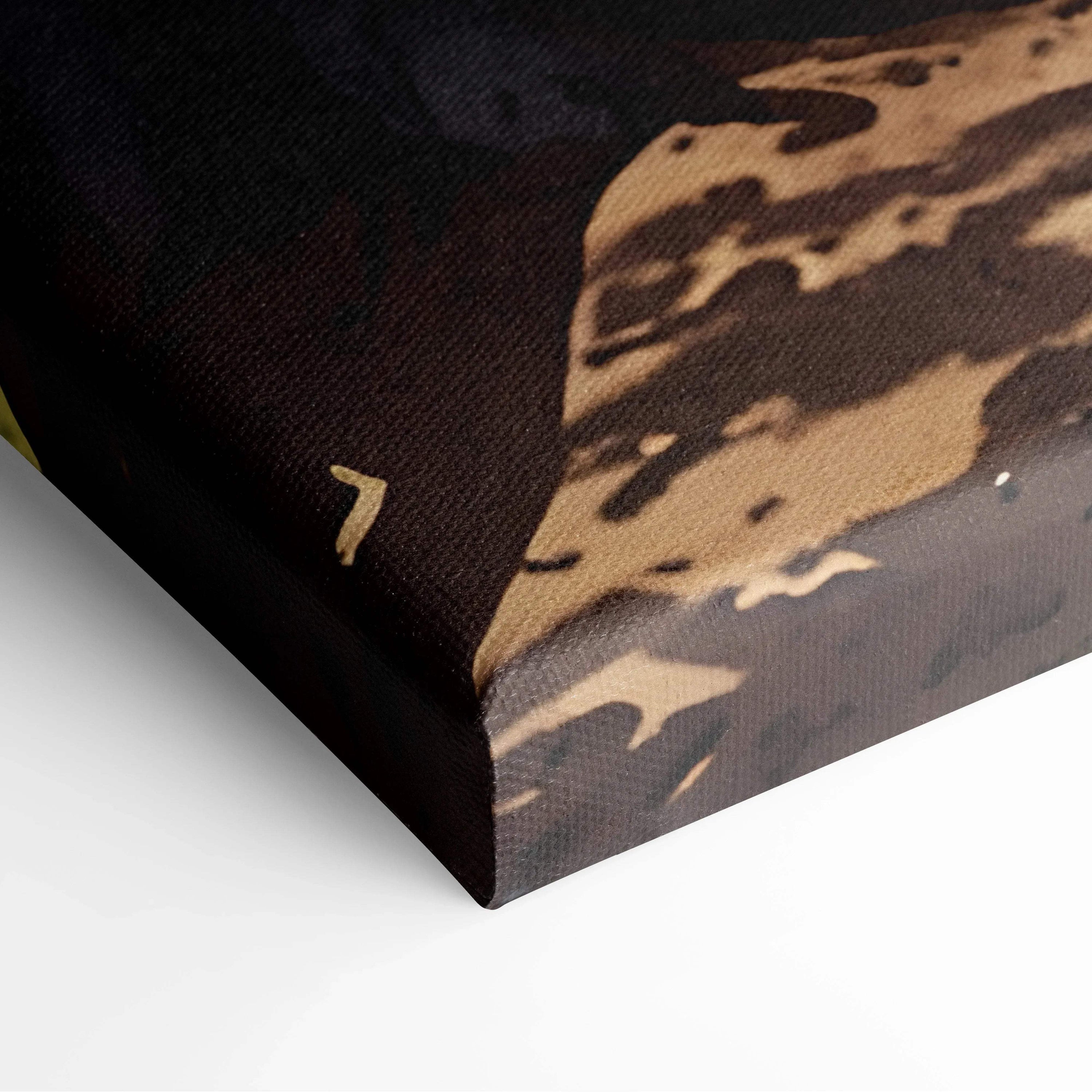 Corner close-up of vibrant sunset forest watercolor canvas wall art with rich earthy tones.