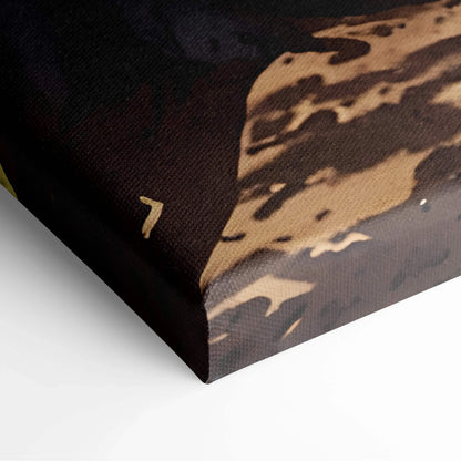 Corner close-up of vibrant sunset forest watercolor canvas wall art with rich earthy tones.