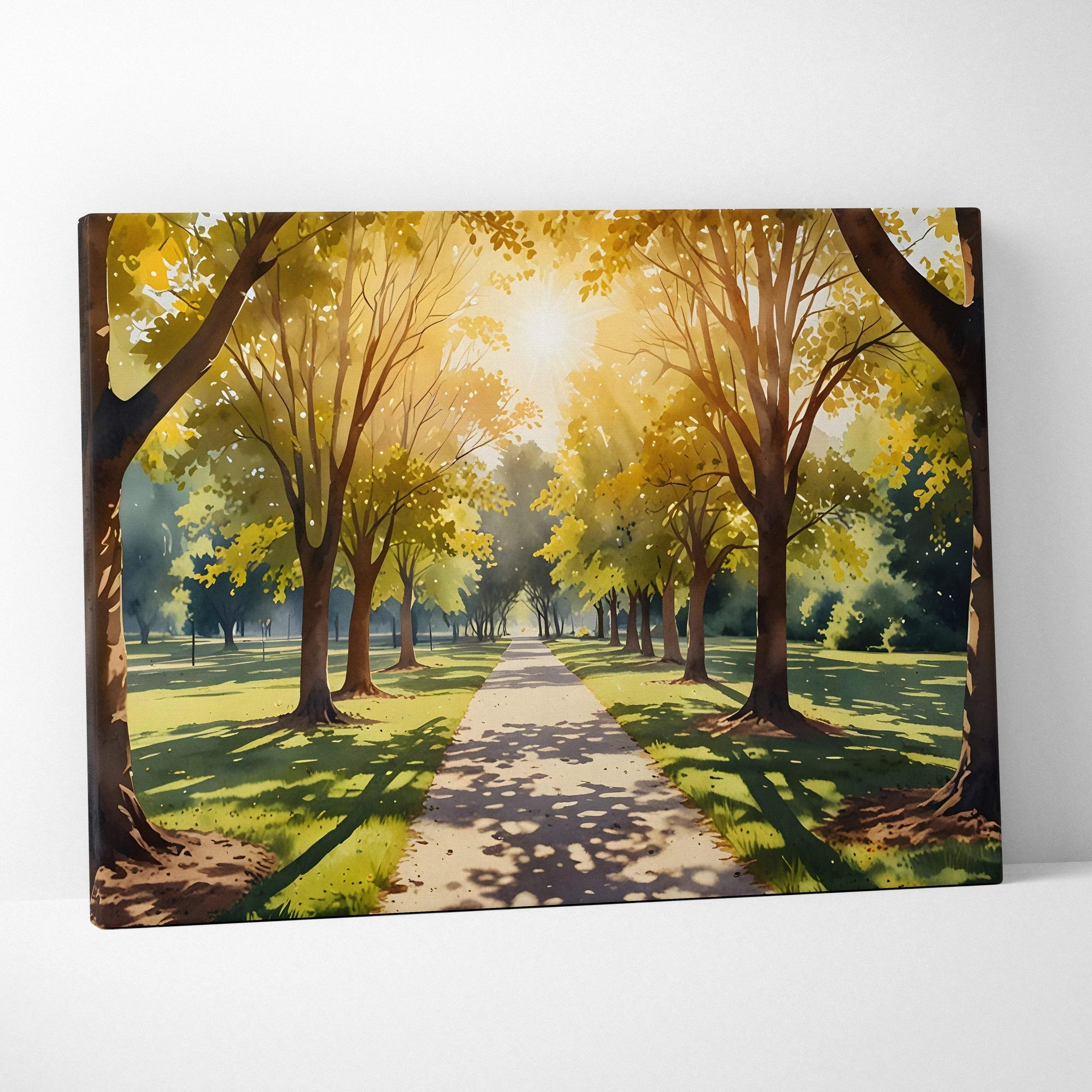 Canvas wall art featuring a vibrant watercolor forest path bathed in warm sunset light.