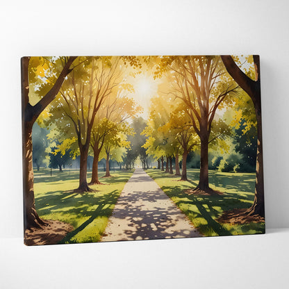 Canvas wall art featuring a vibrant watercolor forest path bathed in warm sunset light.