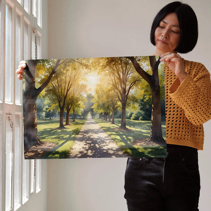 Serene watercolor forest poster with sunlit tree-lined path wall art.