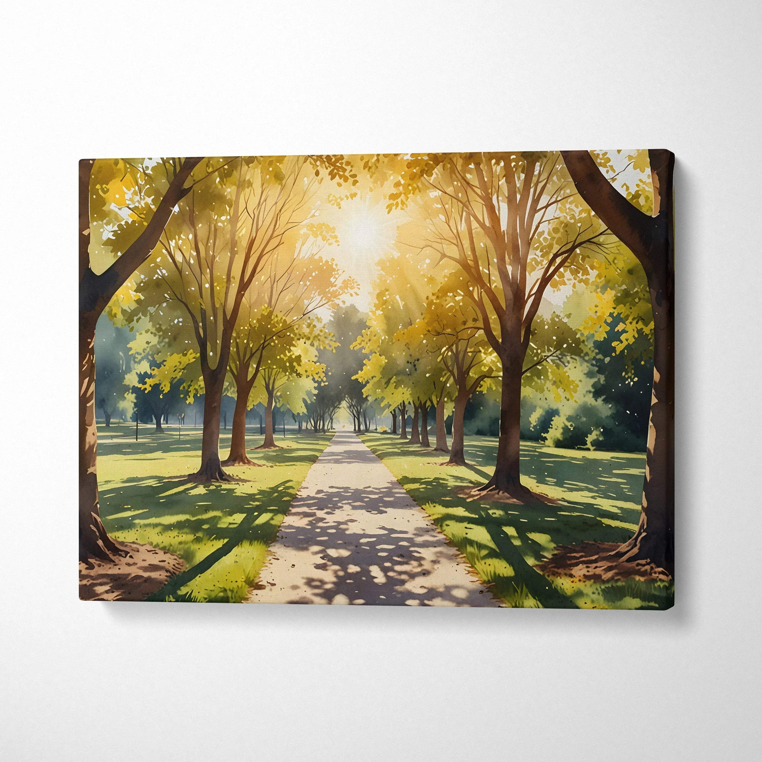 Sunset forest watercolor art on canvas with tree-lined path and golden light wall art.