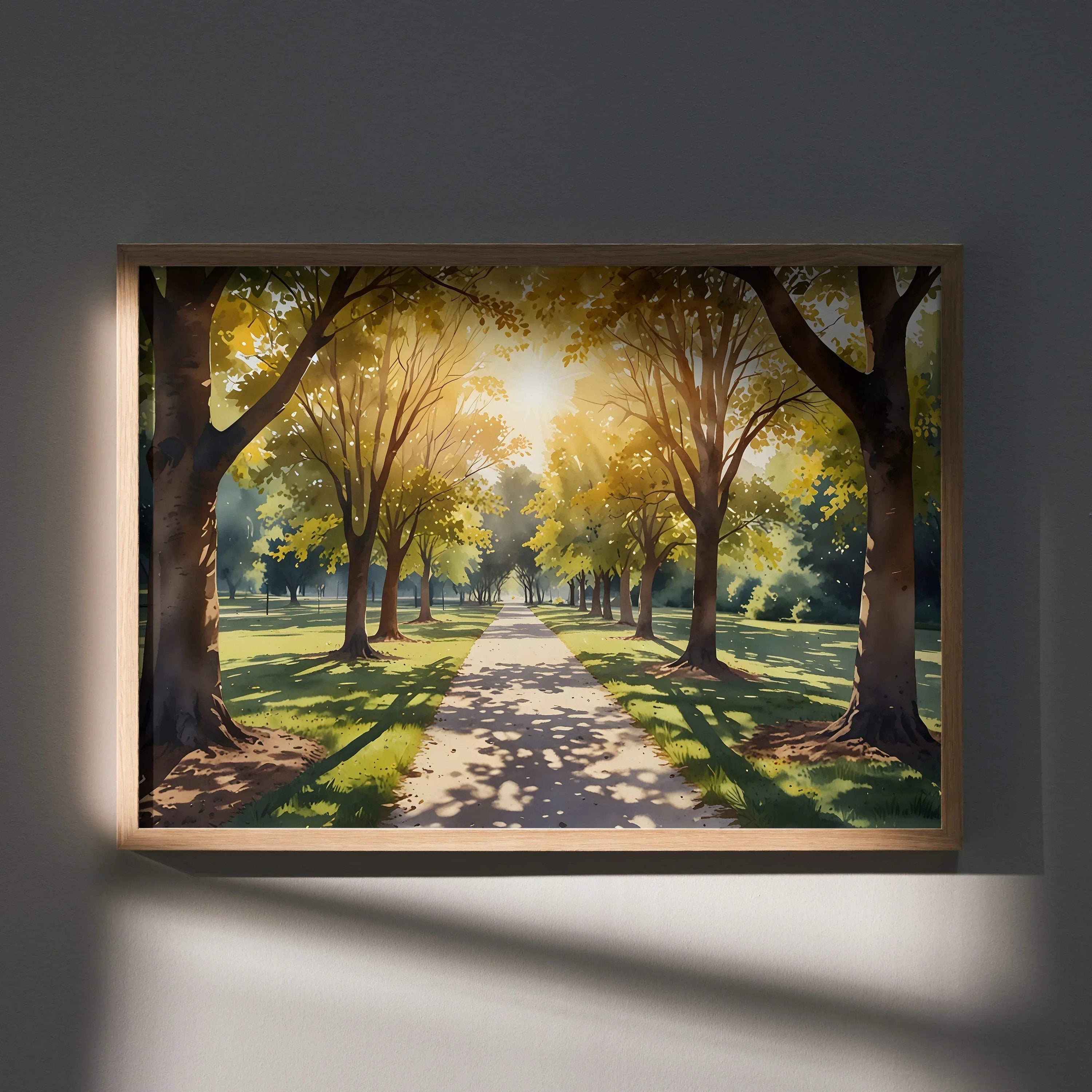 Serene watercolor forest wall art poster with sunlit trees casting shadows on a straight pathway.