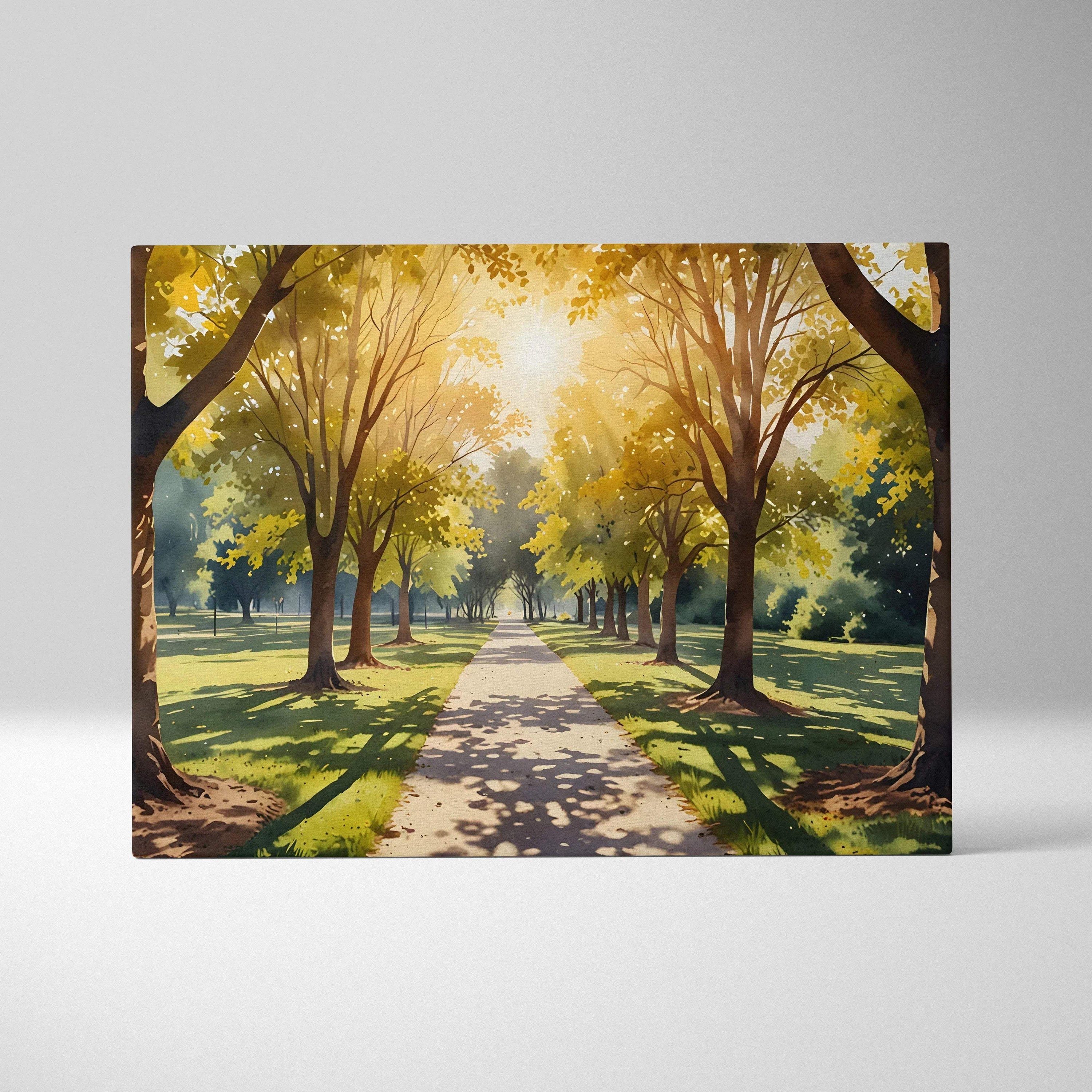 Watercolor canvas wall art of a sunlit forest path with golden sunset hues and tall trees lining walkway.