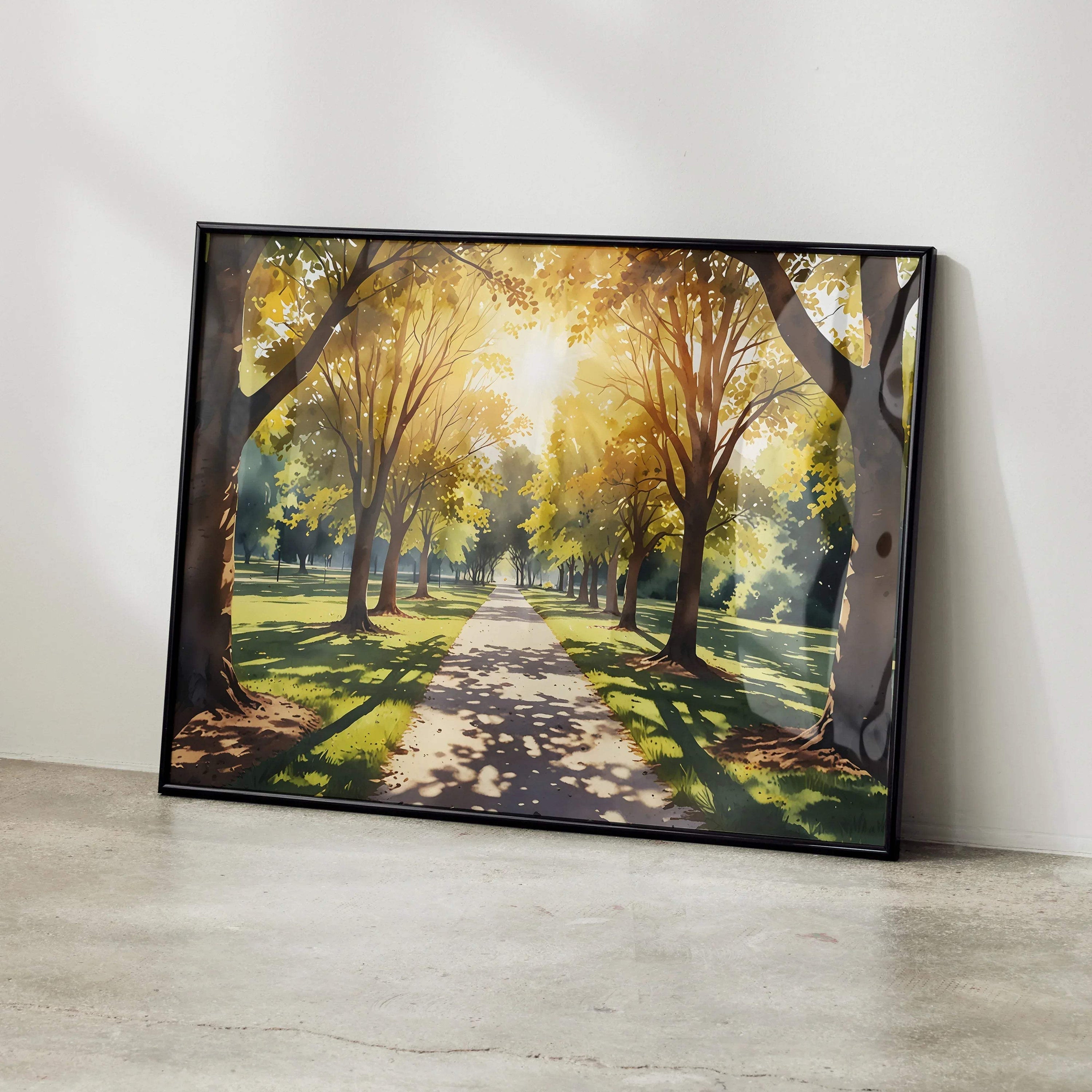 Serene watercolor forest wall art poster featuring sunlit tree-lined pathway with autumn colors.