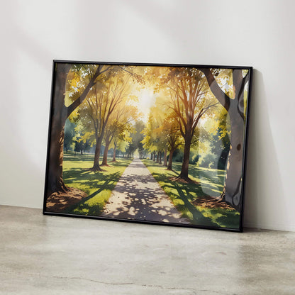 Serene watercolor forest wall art poster featuring sunlit tree-lined pathway with autumn colors.