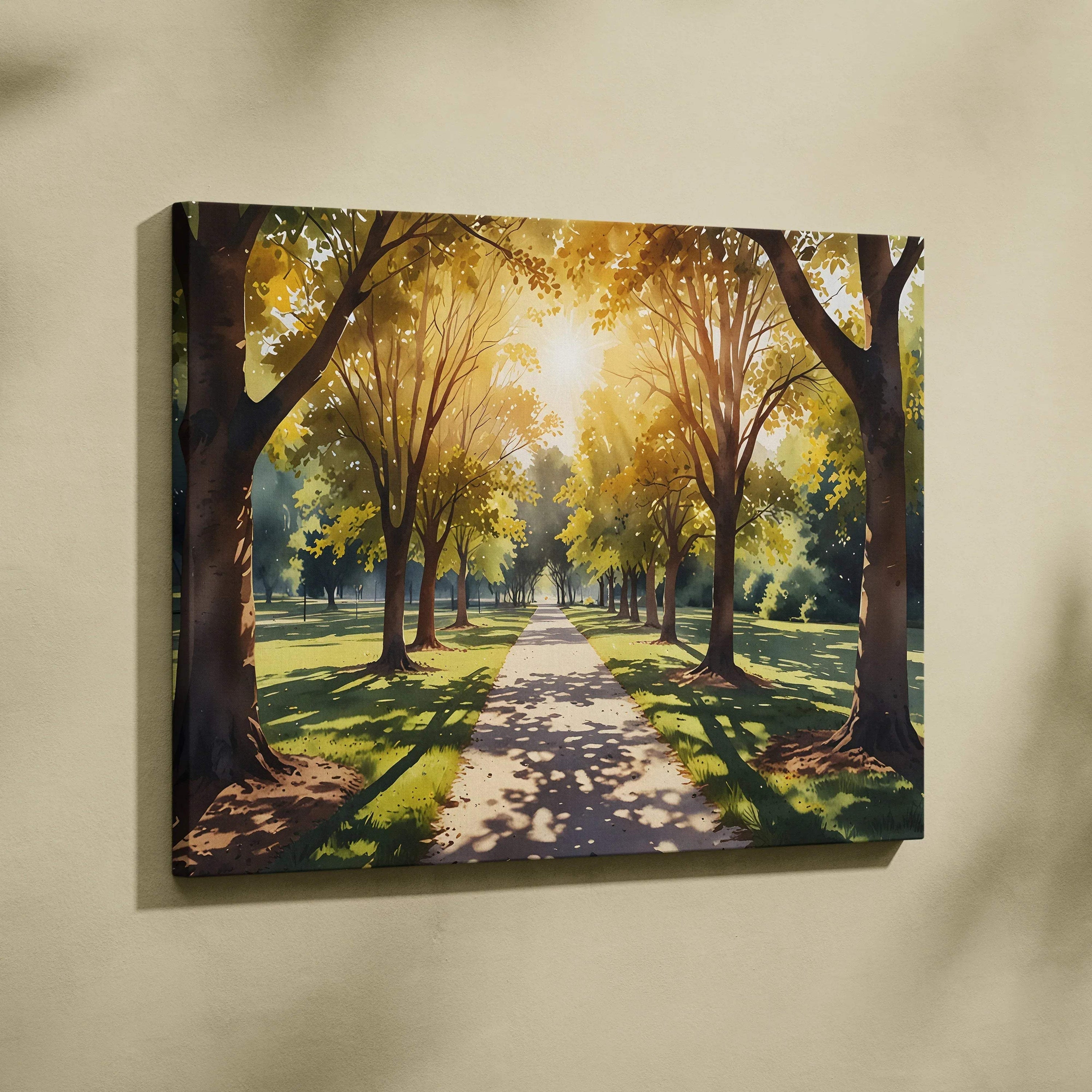 Canvas wall art of a forest pathway illuminated by a vibrant sunset in warm watercolor tones.