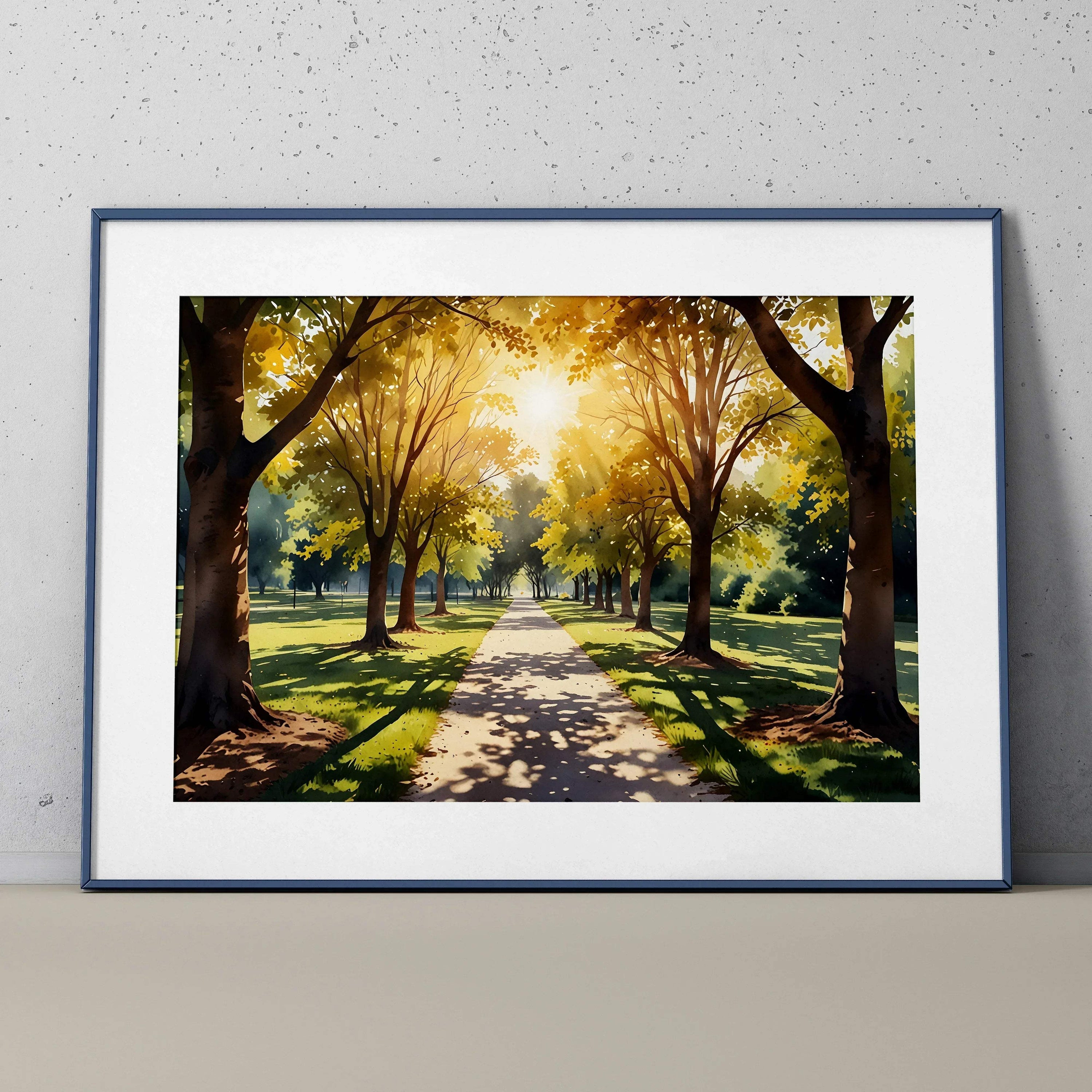 Forest pathway bathed in golden sunlight surrounded by trees, watercolor wall art poster.