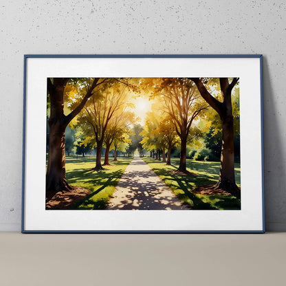 Forest pathway bathed in golden sunlight surrounded by trees, watercolor wall art poster.