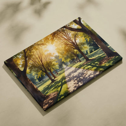 Sunset forest scene watercolor art on stretched canvas with warm golden light and tree shadows wall art.