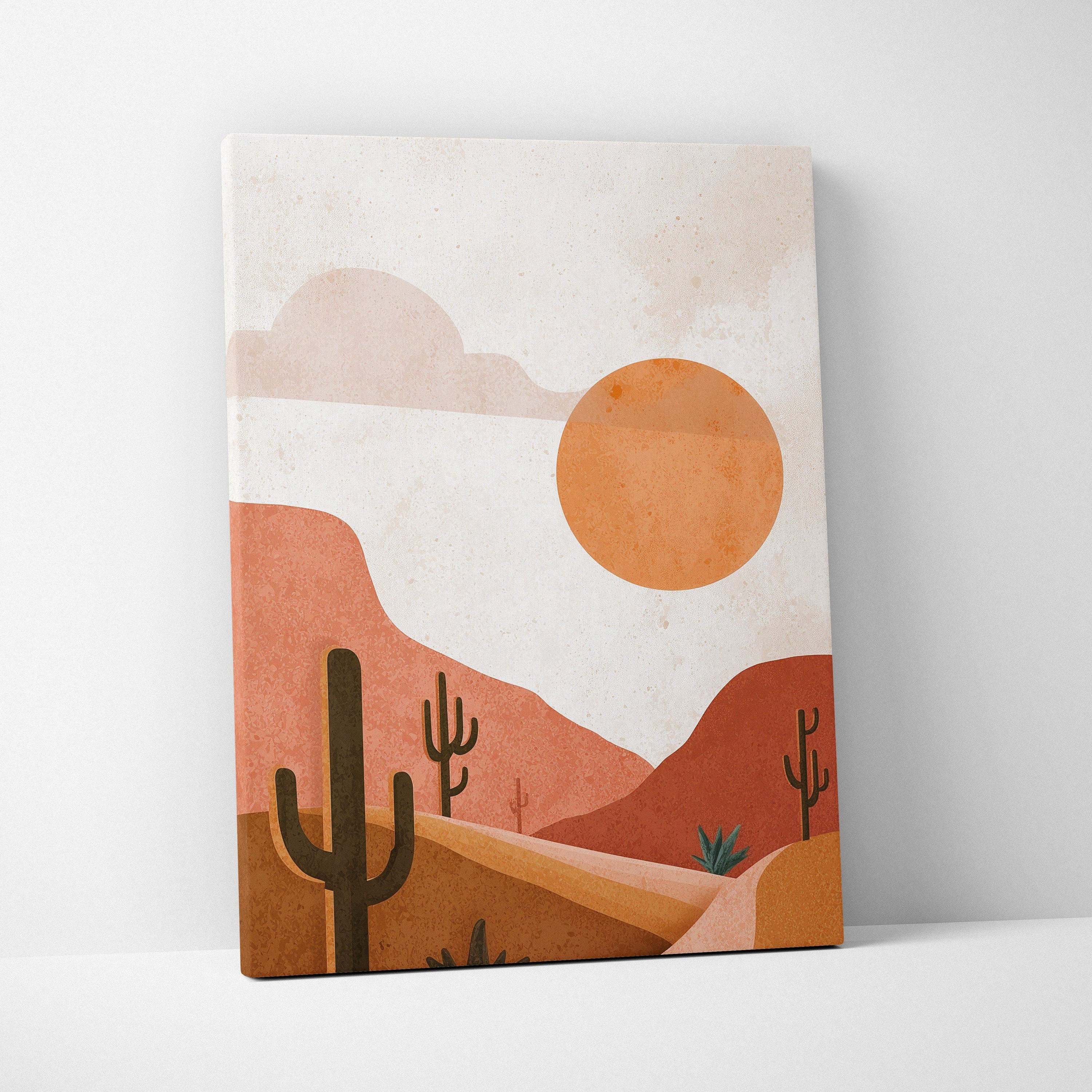 Desert landscape canvas wall art with orange sun, pink hills, and dark brown cacti.