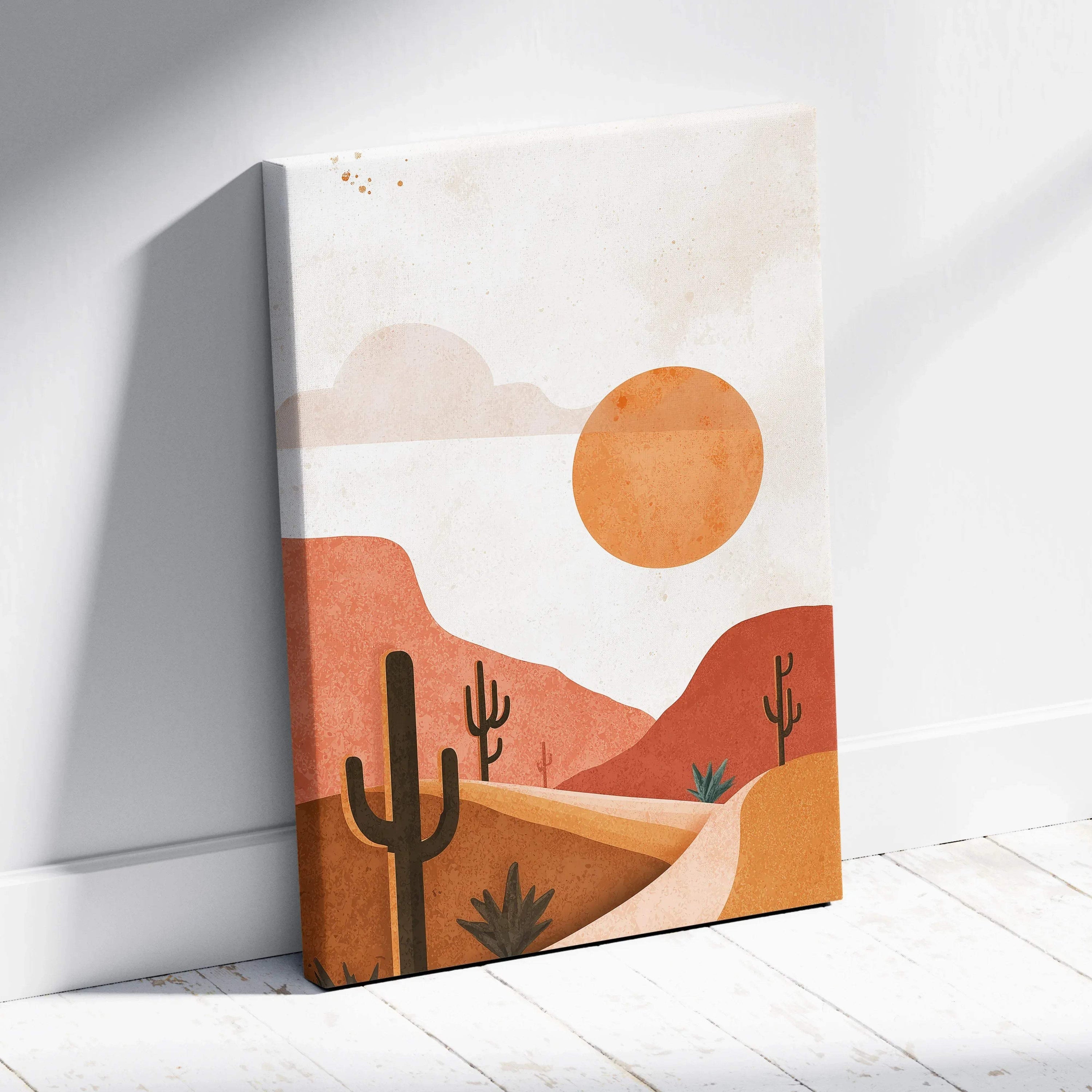 Desert landscape canvas wall art with orange sun, cacti, and rolling hills in warm tones.
