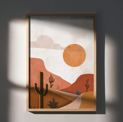 Desert cactus digital art poster with orange sun and minimalist landscape wall art.