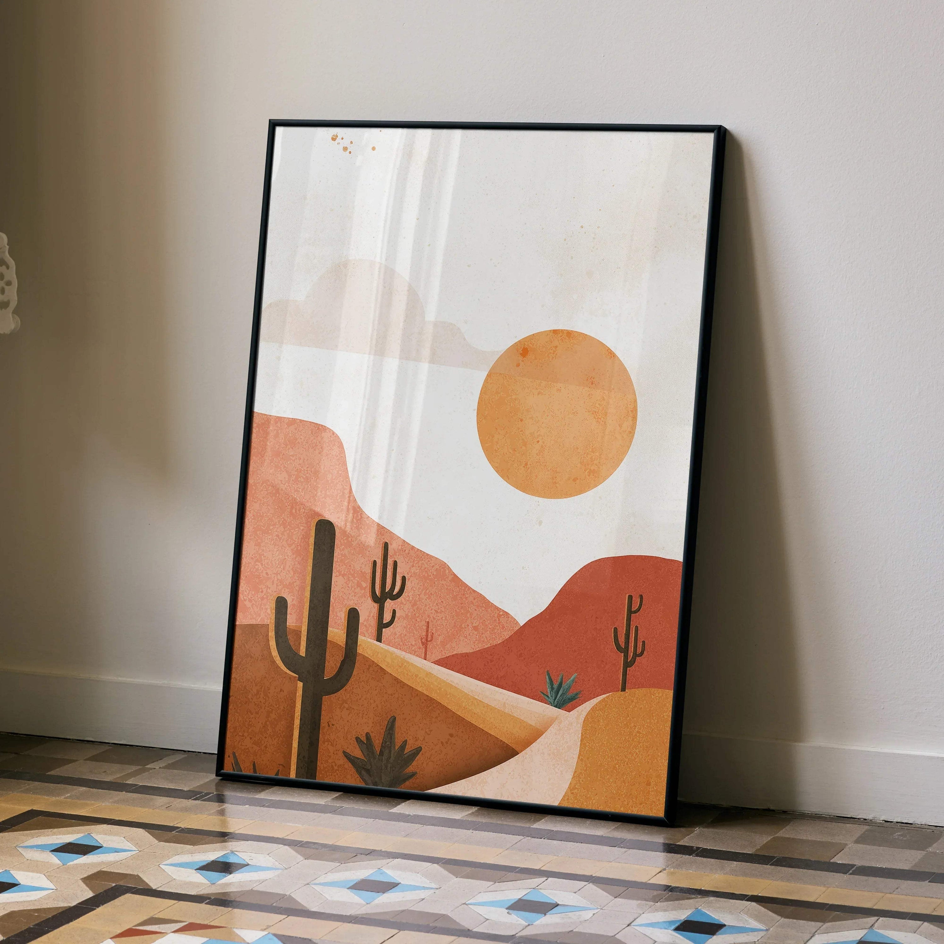 Desert cactus digital art poster with warm sun and minimalist hills wall art in earthy tones.